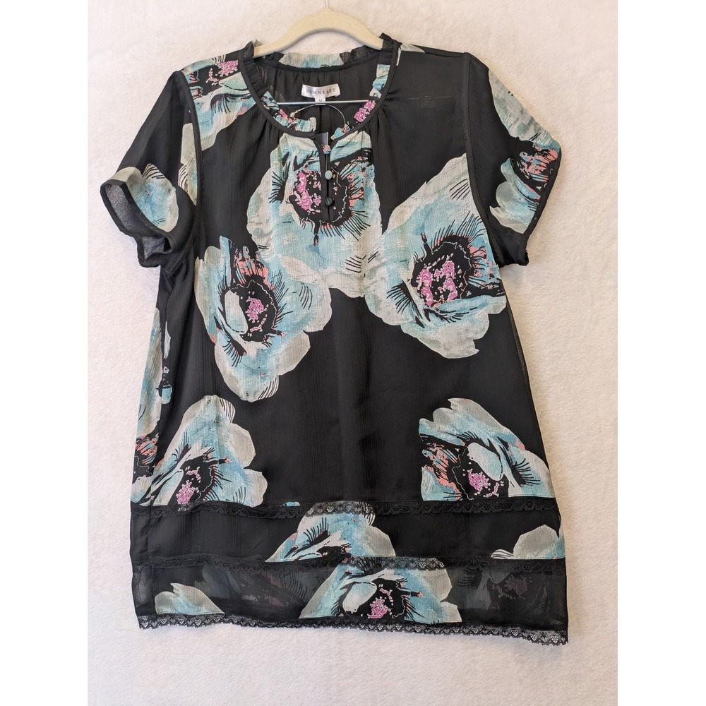Downeast Ever Present Blouse Black Floral Chiffon Lace Trim Top M